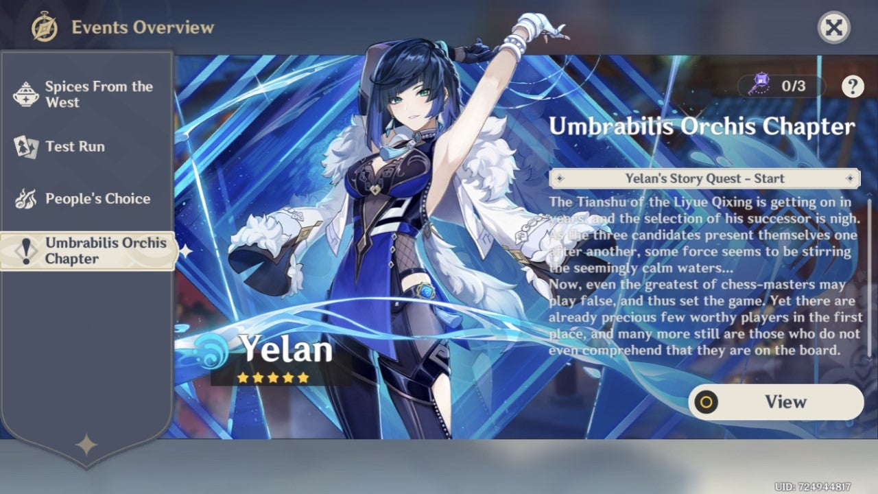 Genshin Impact Yelan Banner character and weapon drop rates, 4 Stars